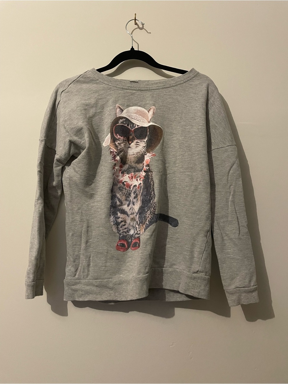 Gray Sweatshirt with Fashion Cat Graphic